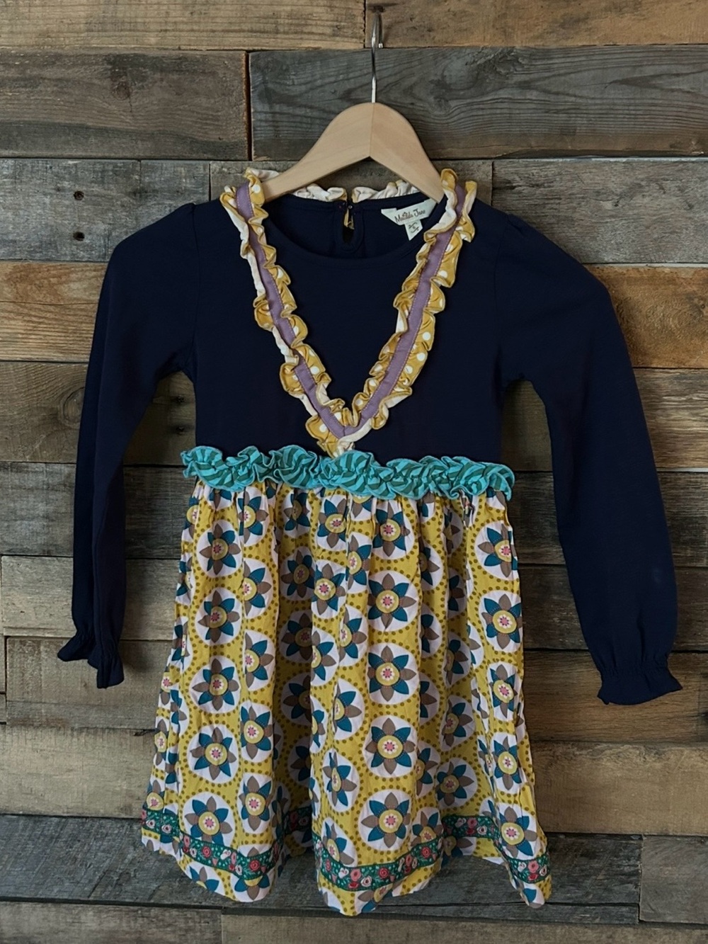 Matilda Jane Navy, Yellow & Teal Ruffle Dress
